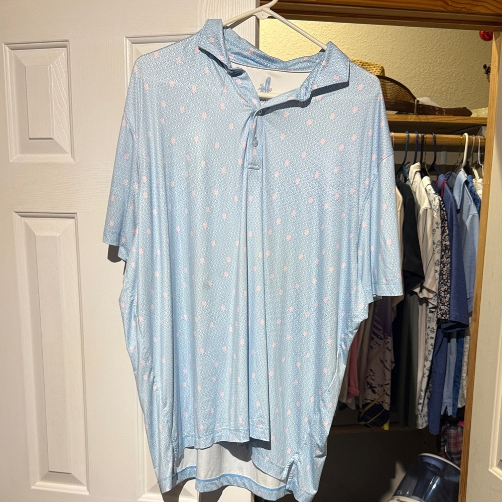 johnnie-O Sky Blue Polo with White and Pink Pattern